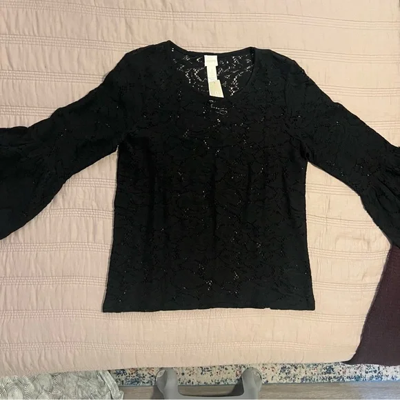 Chico's Black crochet Lace Bell Sleeve Blouse - Picture 5 of 6